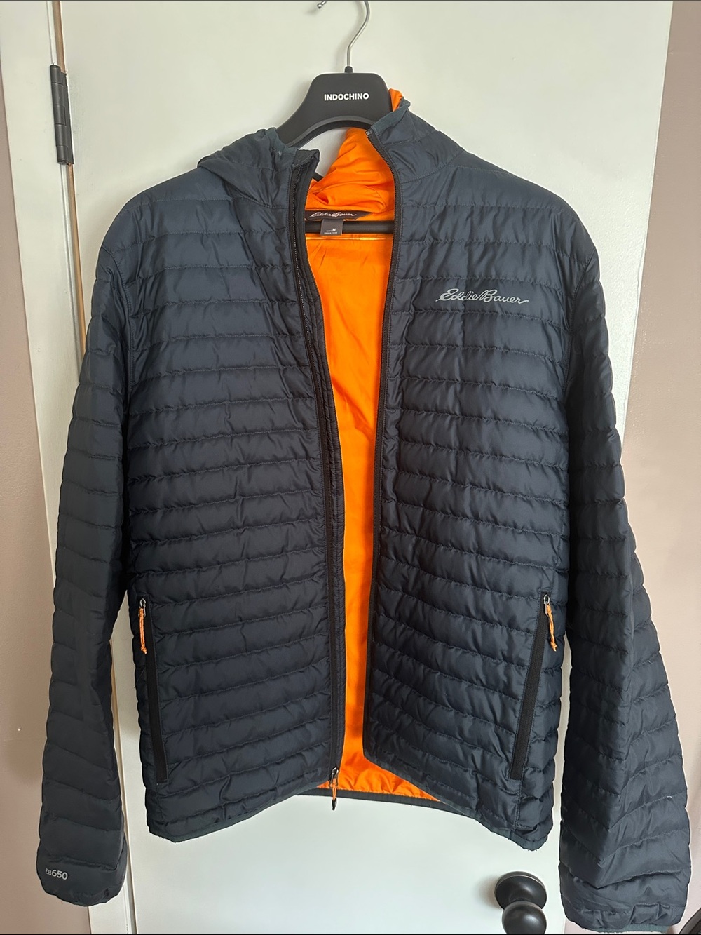 Eddie Bauer Black Puffer Jacket with Orange Lining